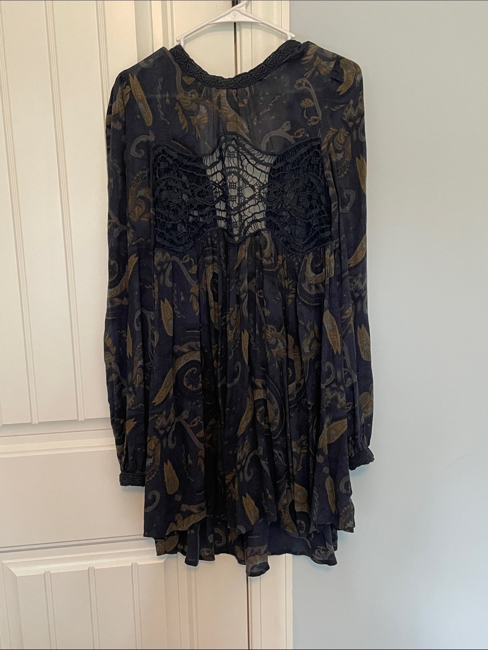 Free People Navy and Gold Paisley Crochet-Detail Mini Dress